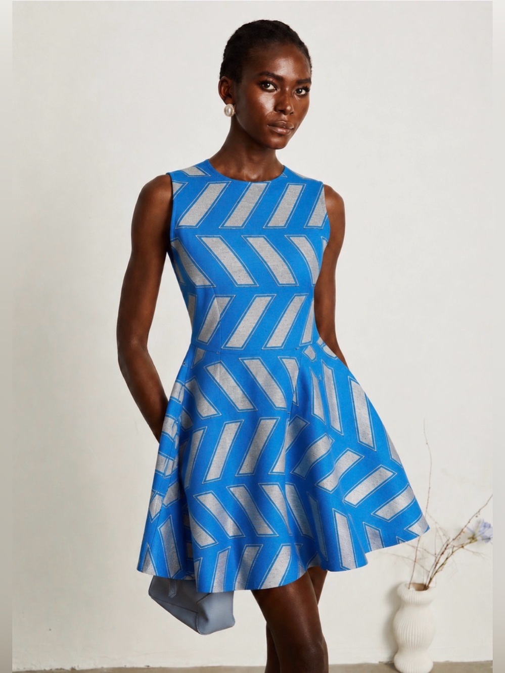 Opening Ceremony Blue White Textured Geometric Print Mini Dress Sz M Cocktail